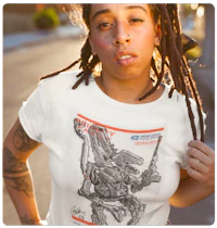 a woman with dreadlocks wearing a white t - shirt