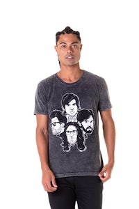 a man wearing a t - shirt with a group of people on it
