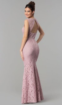 the back of a woman in a pink lace gown