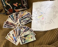 tarot cards and a bag on a blanket