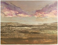 an oil painting of a landscape with purple clouds