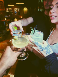 a group of people toasting drinks at a bar