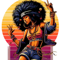 a girl with afro hair and shorts is dancing in front of a sunset