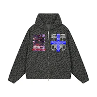 a leopard print hoodie with an image of a cross on it