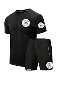 a black t - shirt and shorts set with a white logo