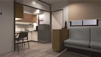 a 3d rendering of a kitchen and dining area