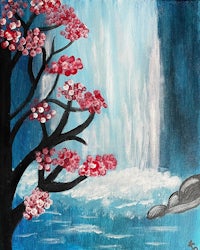 a painting of a waterfall and flowers
