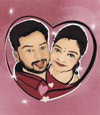 caricature of a couple in a heart shaped frame