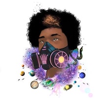 a black man with a gas mask and planets around him