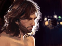 a drawing of a man with long hair in front of a microphone