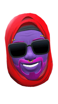 a purple emoji with sunglasses and a hat