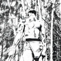 a black and white drawing of a man in the woods