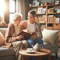 a woman is reading a book to an elderly woman in a living room
