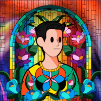a cartoon of a man in a stained glass window