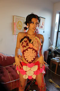 a woman wearing a crocheted outfit