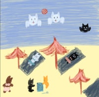 a drawing of cats on a beach with umbrellas