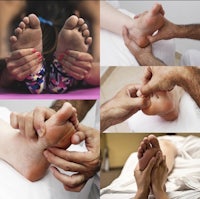 a collage of pictures of a person getting a foot massage