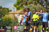 a group of soccer players celebrating a goal