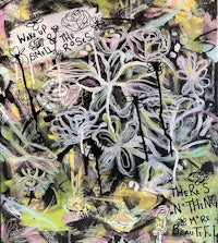 a black and white painting with flowers on it