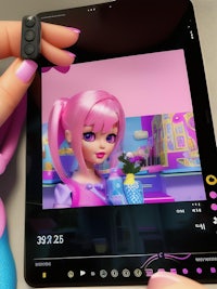 a girl is holding a tablet with a pink doll on it