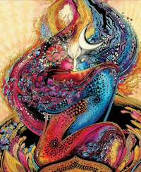 a colorful painting of a woman sitting on top of a flower