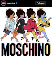 a moschino t-shirt with a woman in a dress and a man in a suit