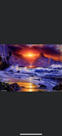 a painting of a sunset over the ocean