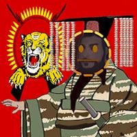 a man in a kimono and a tiger on a red background