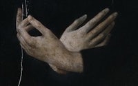 a painting of two hands holding a thread