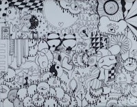 a black and white drawing with a lot of doodles