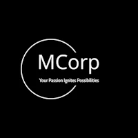 mcorp logo on a black background