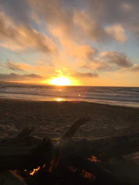 a fire on a beach with the sun setting behind it