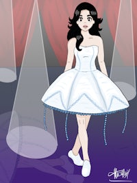 a girl in a white dress standing in front of a curtain
