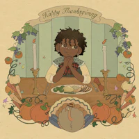 an illustration of a boy sitting at a thanksgiving table