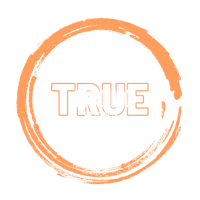 a black and orange circle with the word true in it