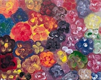 a painting of colorful flowers on a red background