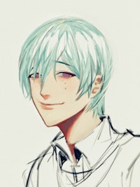 a drawing of a young man with blue hair