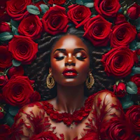 a black woman surrounded by red roses