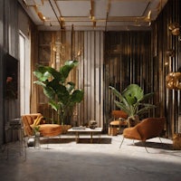 a living room with gold accents and plants