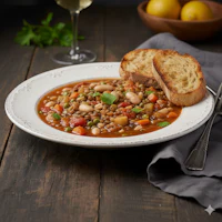 a plate of soup with bread and wine on a wooden table