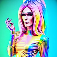 a woman in a colorful outfit is posing for a photo