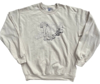 a white sweatshirt with a drawing of a man on a horse
