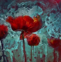 a painting of red poppies on a blue background