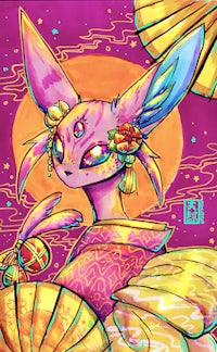 a drawing of an eevee holding a fan