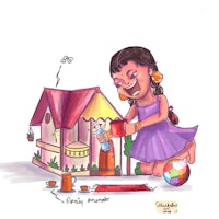 a cartoon of a girl playing with a doll house