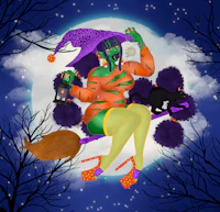 a witch sitting on a broom in the moonlight