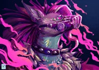 a drawing of a wolf with pink hair and pink smoke