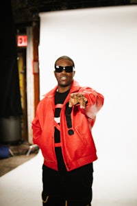 a man in a red jacket