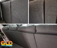 four pictures of a couch with a drawing on it