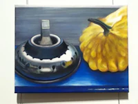 a painting of a yellow squash on a blue background